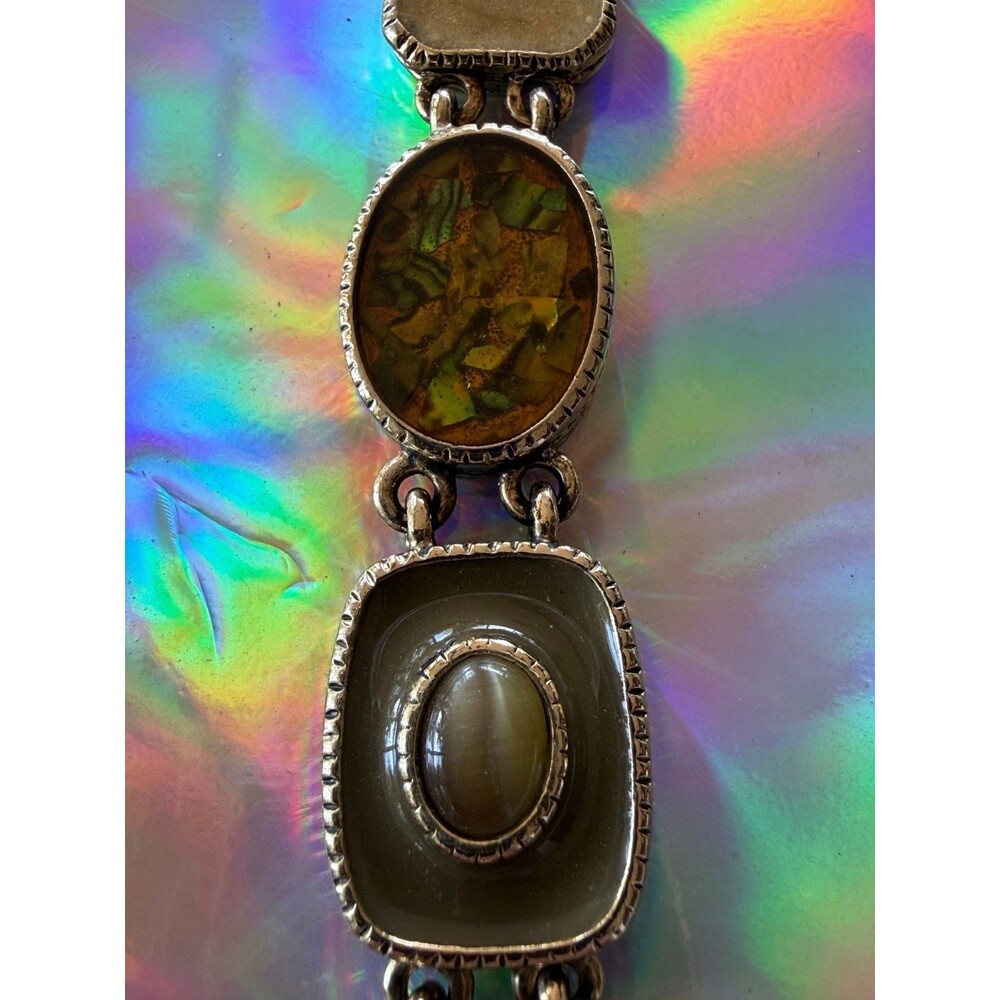 Vintage Signed Liz Claiborne Gold-Tone Link Bracelet With Oval & Square Inlays.